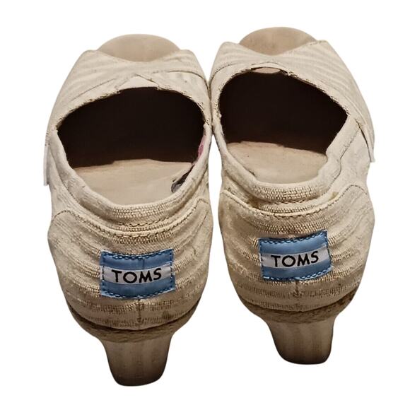 Toms Shoes Womens 8.5 Calypso Espadrille Wedge Heels SlipOn Beige Canvas PeepToe - Picture 4 of 9